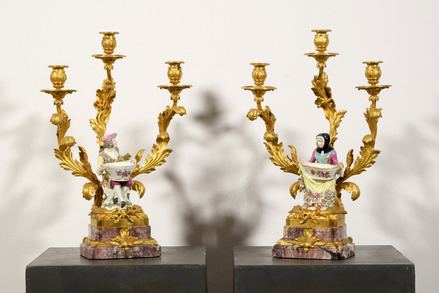 Pair of gilded bronze and polychrome Meissen porcelain candelabras, marble base, France 19th century